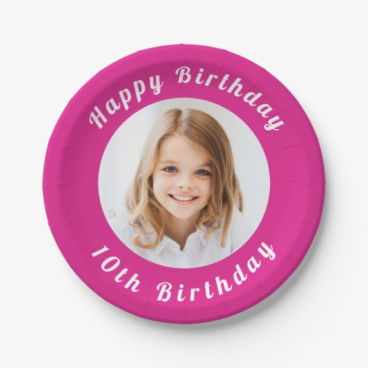 Verjaardagsfeest heet roze foto meisje papieren bordje (Voorkant)