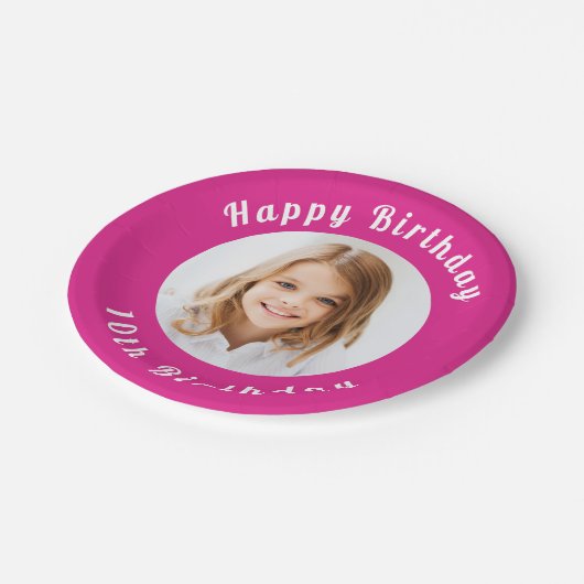 Verjaardagsfeest heet roze foto meisje papieren bordje (Gekanteld)