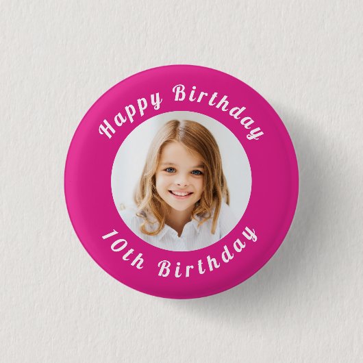 Verjaardagsfeest heet roze foto meisje ronde button 3,2 cm (Voorkant)