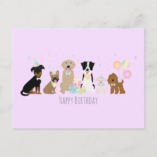 Verjaardagsfeest Honden Paars Briefkaart (Voorkant)