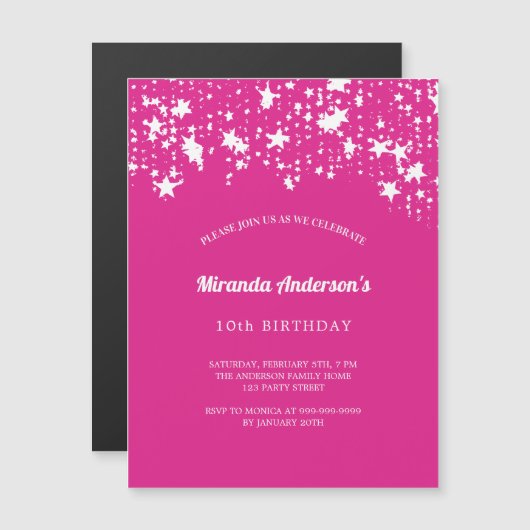 Verjaardagsfeest hot roze witte sterren meisje lux magnetische uitnodiging (Voorkant / Achterkant)