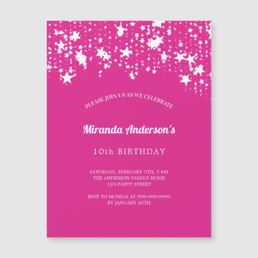 Verjaardagsfeest hot roze witte sterren meisje lux magnetische uitnodiging (Voorkant)