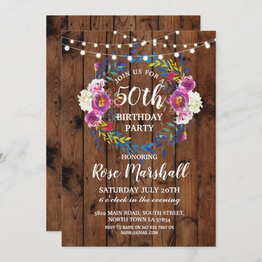 Verjaardagsfeest Hout Roze Bloemen Krans Uitnodige Kaart (Voorkant / Achterkant)