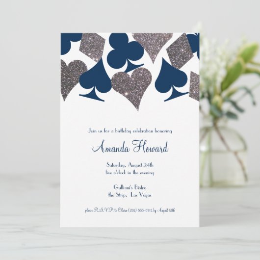 Verjaardagsfeest in Vegas Navy Blauwe Nep Glitters Kaart (Staand voorkant)