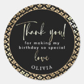 Verjaardagsfeest in zwart, wit en goud "Bedankt!" Ronde Sticker (Voorkant)