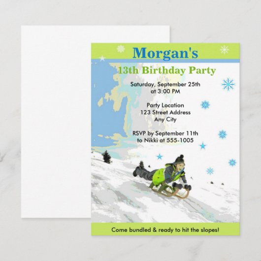 Verjaardagsfeest Invite voor Sleden in de Sneeuw Kaart (Voorkant / Achterkant)