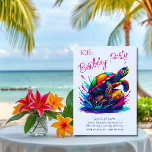 Verjaardagsfeest - Kleurrijke Turtle Splash Kaart