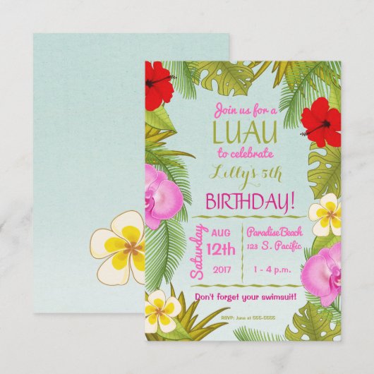 Verjaardagsfeest Luau Kaart (Voorkant / Achterkant)