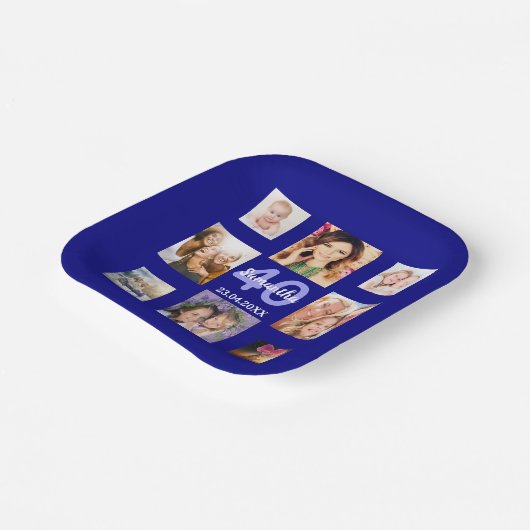 Verjaardagsfeest marine blauw foto collage vrouw papieren bordje (Gebogen)