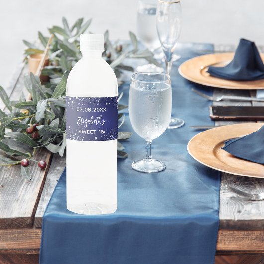Verjaardagsfeest marineblauw zilver schittert waterfles etiket