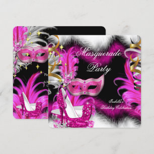 Verjaardagsfeest Maskerade Roze Zwart Wit 2 Kaart