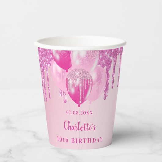 Verjaardagsfeest meisje roze ballonnen naam papieren bekers (Voorkant)