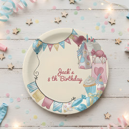 Verjaardagsfeest met ballonnen en cadeaus voor kin papieren bordje