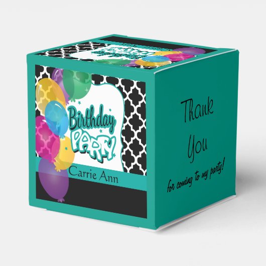 Verjaardagsfeest met ballonnen in Blauwgroen Bedankdoosjes (Achterkant)