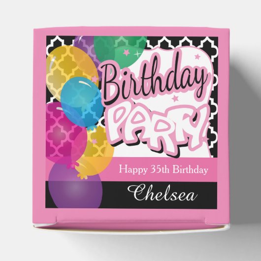 Verjaardagsfeest met ballonnen in roze bedankdoosjes (Bovenkant)