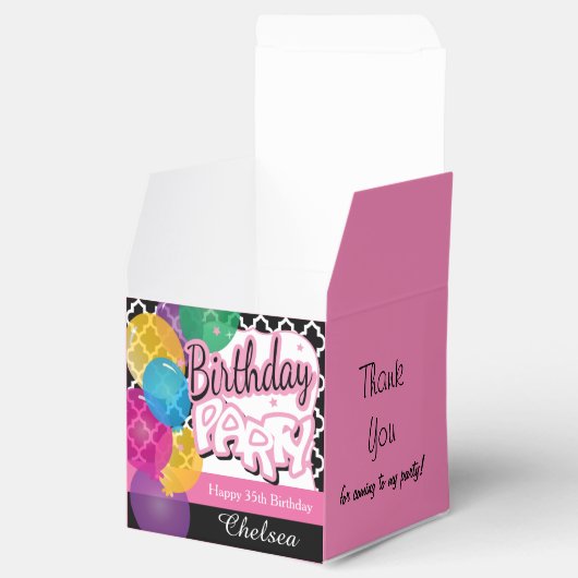 Verjaardagsfeest met ballonnen in roze bedankdoosjes (Geopend)