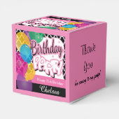 Verjaardagsfeest met ballonnen in roze bedankdoosjes (Achterkant)