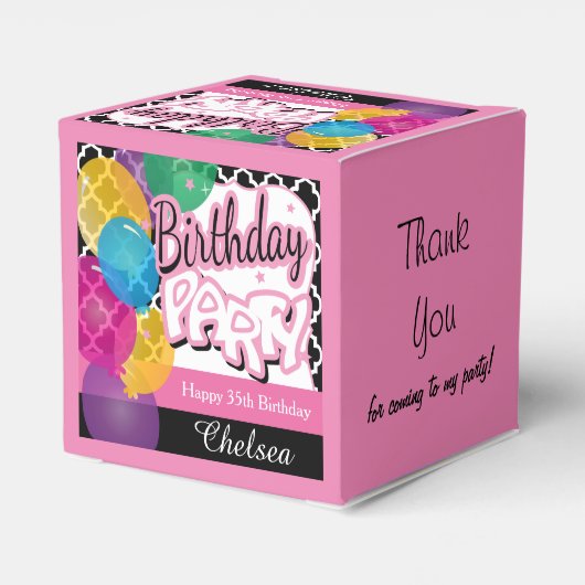 Verjaardagsfeest met ballonnen in roze bedankdoosjes (Achterkant)