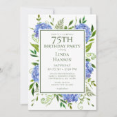 Verjaardagsfeest met blauwe hortensia's 75ste verj kaart (Voorkant)