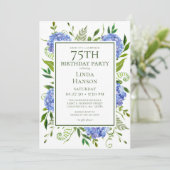 Verjaardagsfeest met blauwe hortensia's 75ste verj kaart (Staand voorkant)