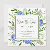 Verjaardagsfeest met blauwe hortensia's save the date (Voorkant)