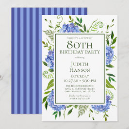 Verjaardagsfeest met blauwe hortensia's ter gelege kaart