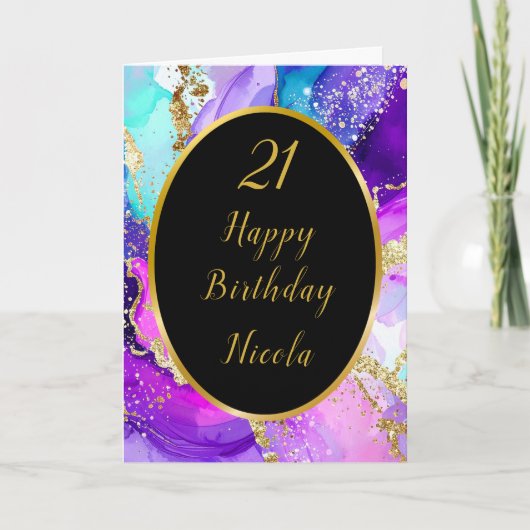 Verjaardagsfeest met blauwe, Paarse en gouden inkt Kaart (Voorkant)