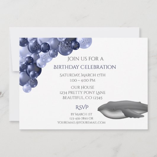 Verjaardagsfeest met boog van blauwe ballonnen en  kaart (Achterkant)