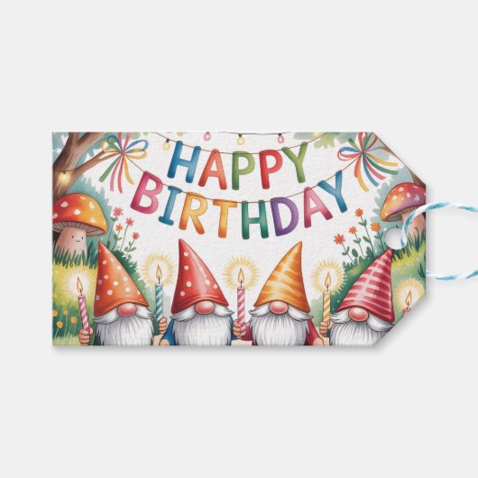 Verjaardagsfeest met een groep tuinkabouters cadeaulabel (Voorkant (Horizontaal))
