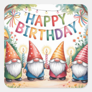 Verjaardagsfeest met een groep tuinkabouters vierkante sticker
