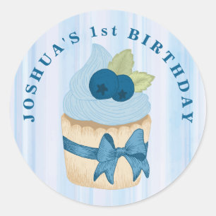Verjaardagsfeest met een leuk blauwebeselcupcake ronde sticker