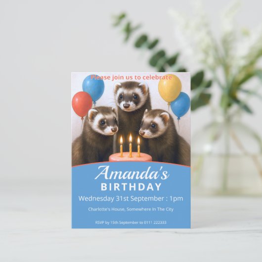 Verjaardagsfeest met fretten uitnodiging briefkaart (Staand voorkant)