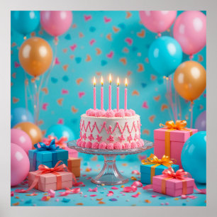 Verjaardagsfeest met kaarsverlichte taart poster