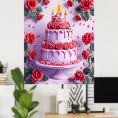 Verjaardagsfeest met kaarsverlichte taart poster (Thuiskantoor)