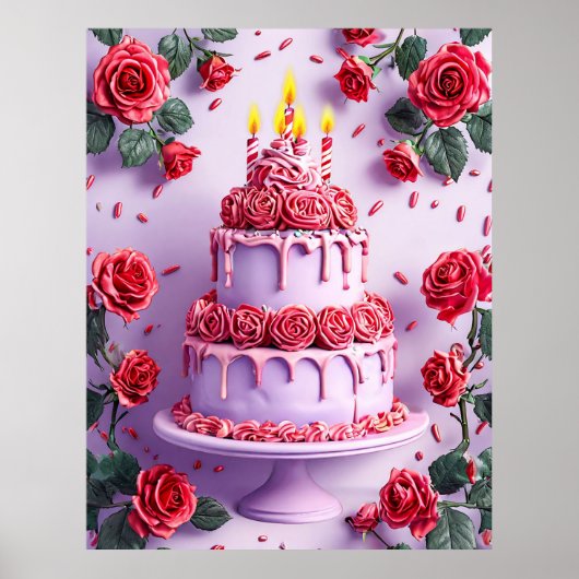Verjaardagsfeest met kaarsverlichte taart poster (Voorkant)
