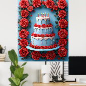 Verjaardagsfeest met kaarsverlichte taart poster (Thuiskantoor)