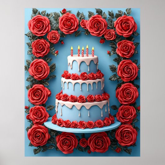 Verjaardagsfeest met kaarsverlichte taart poster (Voorkant)