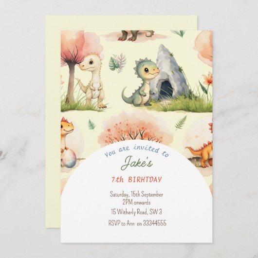 Verjaardagsfeest met leuke dinosaurussen uitnodigi kaart (Voorkant / Achterkant)