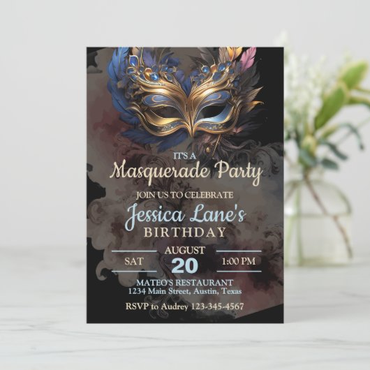 Verjaardagsfeest met maskerade kaart (Staand voorkant)
