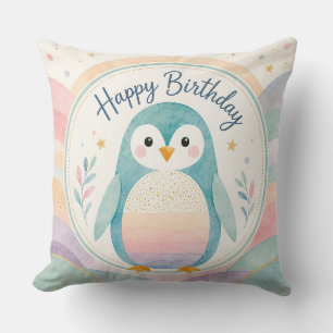 Verjaardagsfeest met regenboog Pastel Pinguïn Kussen
