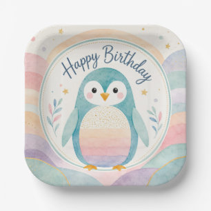 Verjaardagsfeest met regenboog Pastel Pinguïn Papieren Bordje