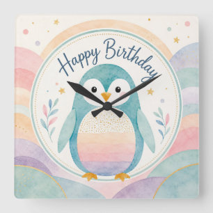 Verjaardagsfeest met regenboog Pastel Pinguïn Vierkante Klok