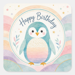 Verjaardagsfeest met regenboog Pastel Pinguïn Vierkante Sticker