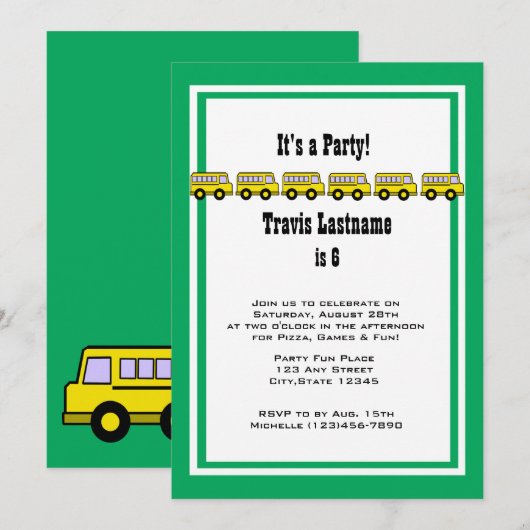 Verjaardagsfeest met schoolbus kaart (Voorkant / Achterkant)