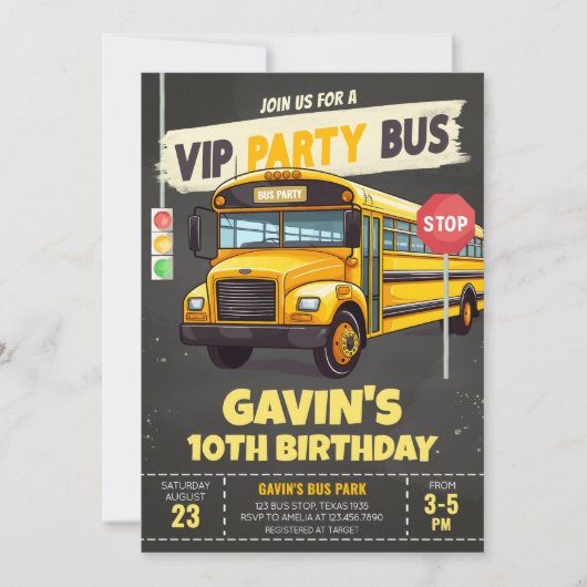 Verjaardagsfeest met schoolbus kaart (Voorkant)