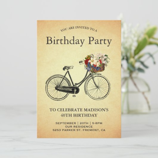 Verjaardagsfeest met vintage bloemenfietsen kaart (Staand voorkant)