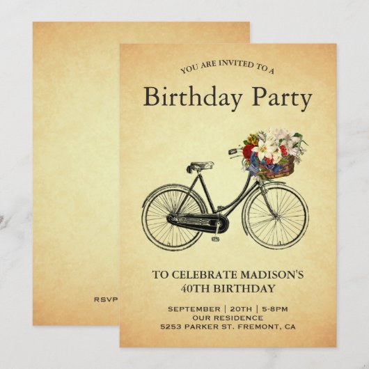Verjaardagsfeest met vintage bloemenfietsen kaart (Voorkant / Achterkant)