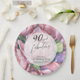 Verjaardagsfeest met vintage bloemmotief voor 90-j papieren bordje