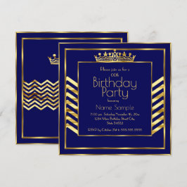 Verjaardagsfeest Navy Blauwe Gouden Kroon Art Deco Kaart