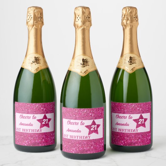 Verjaardagsfeest Night Pink Glitter vrouwen Sparkling Wijnetiket (Flessen)